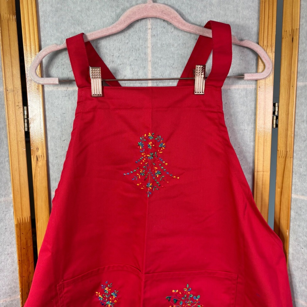 Dependability Bib Apron OS Red Floral Embroidered Pockets Twill‎ Workwear